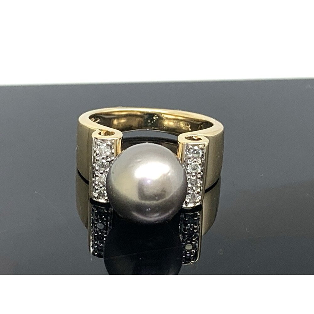 Black Pearl 9.5mm Diamond Cocktail Ring 14k Yellow Gold Estate Women's Size 4.75